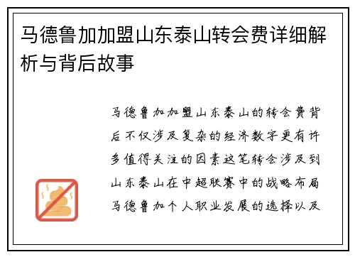 马德鲁加加盟山东泰山转会费详细解析与背后故事