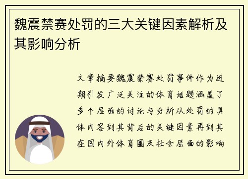 魏震禁赛处罚的三大关键因素解析及其影响分析