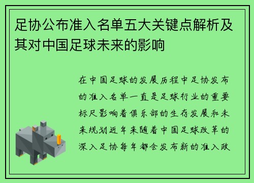 足协公布准入名单五大关键点解析及其对中国足球未来的影响